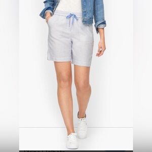 Talbots Petite Linen Blend Pull on Blue & White Drawstring Shorts Sz LP NWT